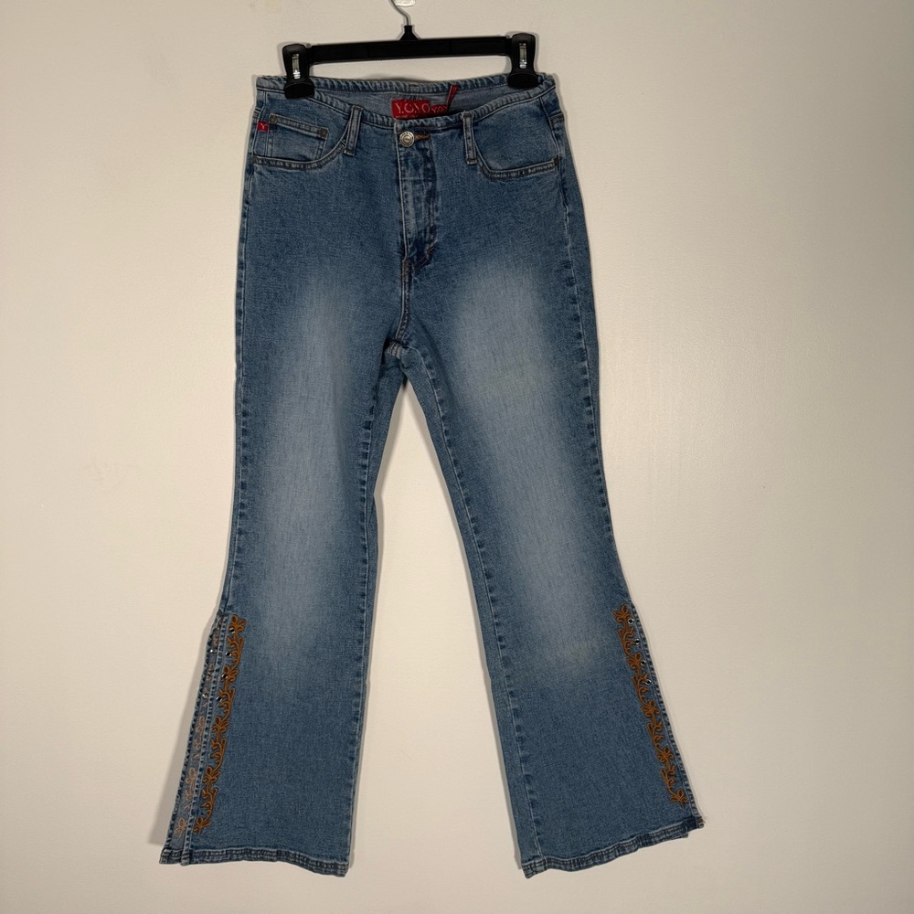 Y2K Y.O.Y.O. Mid Rise Flare Embroidered Jeans with Slits Fairy FITS US 6-8